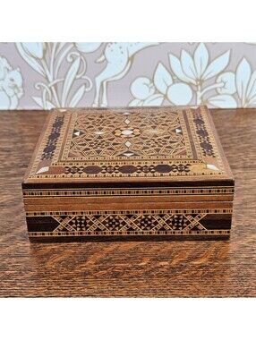 Vintage Damascus Mosaic Wood Jewelry Box Mother of Pearl Inlay 5 Inch